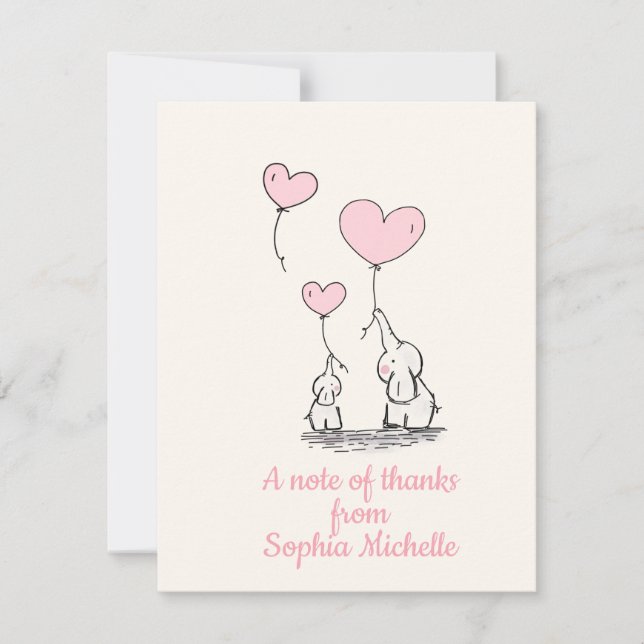 Elegante Baby-Rosa-Herz-Ballone u. Elefanten Dankeskarte (Vorderseite)