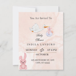 Elegante Baby-Shower mit Storch in Rosa  Mitteilungskarte