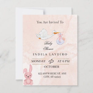 Elegante Baby-Shower mit Storch in Rosa Mitteilungskarte