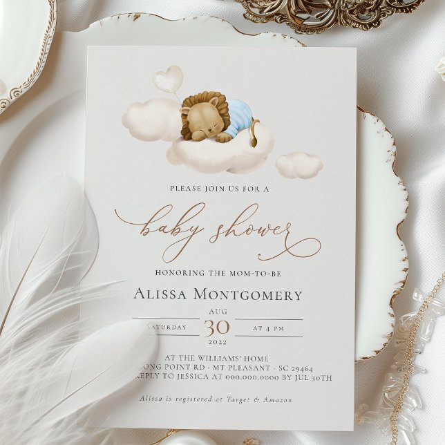 Elegante Baby Shower Sleeping Lion Cub auf Wolken Einladung (Von Creator hochgeladen)