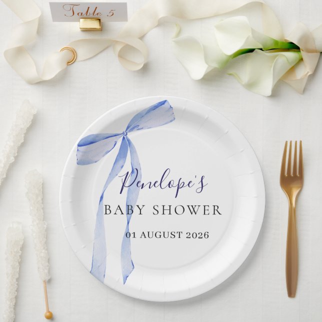 Elegante Baby Shower Teller mit blauer Schleife  (Hochzeit)