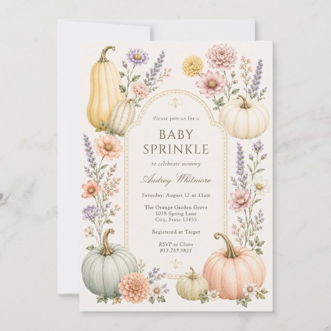 Elegante Baby Sprinkle-Party | Wildblumen-Kürbisse Einladung (Vorderseite)