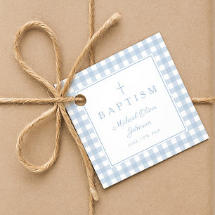 Elegante Babyblau-Gingham-Jungen-Taufe-Dankeschön Geschenkanhänger