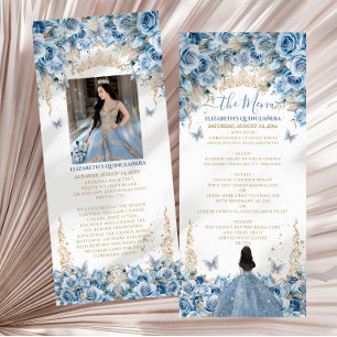Elegante Babyblau-Gold-Quinceanera-Prinzessinnenkr Menükarte