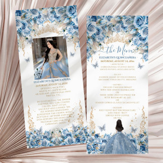 Elegante Babyblau-Gold-Quinceanera-Prinzessinnenkr Menükarte