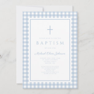 Elegante Babyblaue Gingham-Taufe für Jungen Einladung