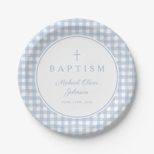 Elegante Babyblaue Gingham-Taufe für Jungen Pappteller