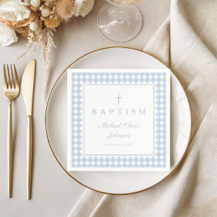 Elegante Babyblaue Gingham-Taufe für Jungen Serviette