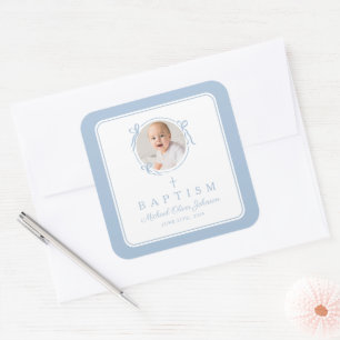 Elegante Babyblaue Jungen-Foto-Taufe Quadratischer Aufkleber