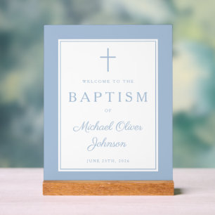 Elegante Babyblaue Kreuz Jungen Taufe Willkommen Acrylschild