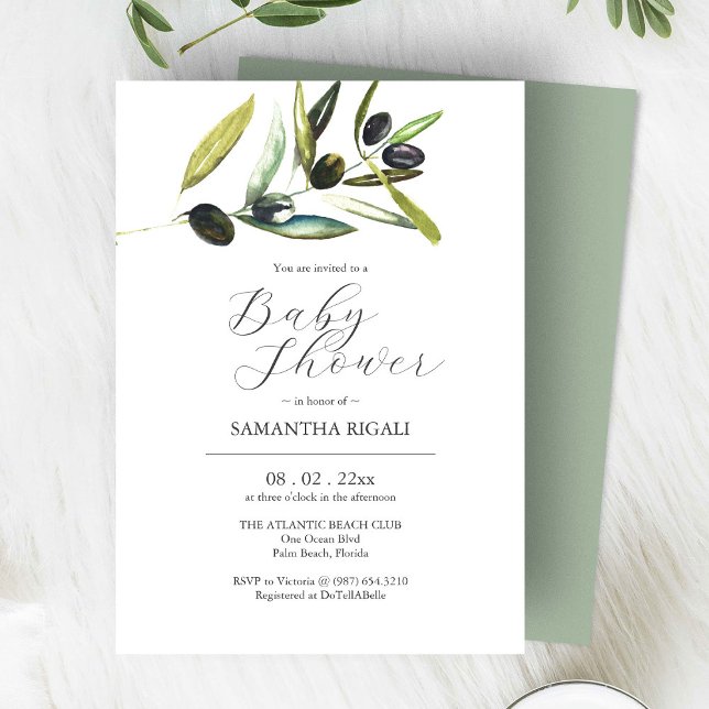 Elegante Babydusche Einladungen Wasserfarben Olive (Olive branch baby shower invitations watercolor art by Victoria Grigaliunas Do Tell A Belle)