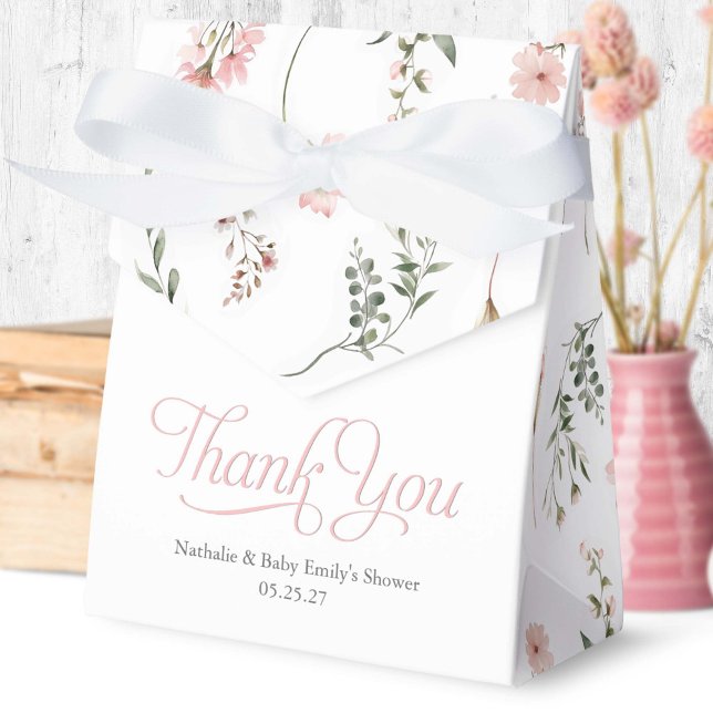 Elegante Babydusche zum Thema Wildblume Geschenkschachtel (Elegant pink wildflower and sage green greenery thank you favor boxes.)