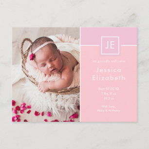 Elegante Babyfotos mit Monogramm in Rosa moderne G Ankündigungspostkarte