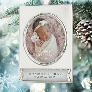 Elegante Babymädchen-Geburtsstatistiken Erstes Wei Banner-Ornament Silber