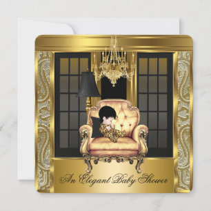 Elegante Babyparty-Damask-Kronleuchter Goldener St Einladung