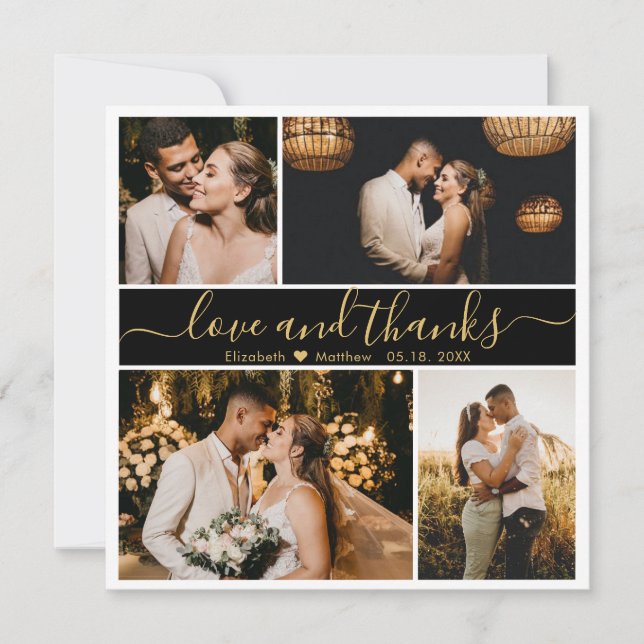 Elegante Back Gold Script Foto Collage Hochzeit Dankeskarte (Vorderseite)