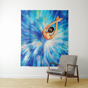 Elegante Ballerina im kosmischen blauen Wirbel Pop Wandteppich