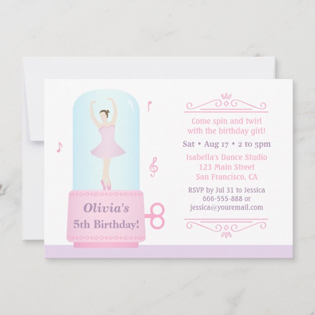 Elegante Ballerina Music Box Girl Birthday Party Einladung (Vorderseite)