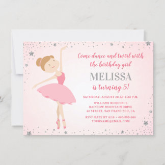 Elegante Ballerina Pink Silver Stars Girl Birthday Einladung