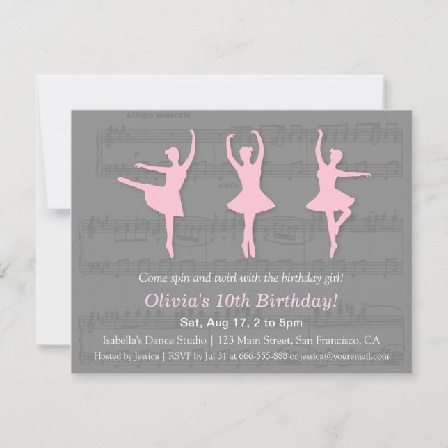 Elegante Ballerina Tanz Einladung zum Geburtstag (Vorderseite)