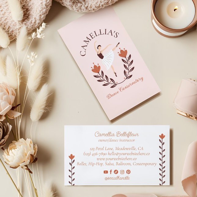 Elegante Ballet Tanzschule Rosa Visitenkarte (Elegant Floral Ballet Dance Instructor School Pink Business Card (Front & Back))