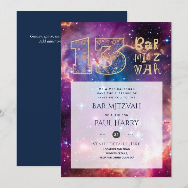 Elegante Bar MITZVAH Einladungen Galaxy Thema (Vorne/Hinten)
