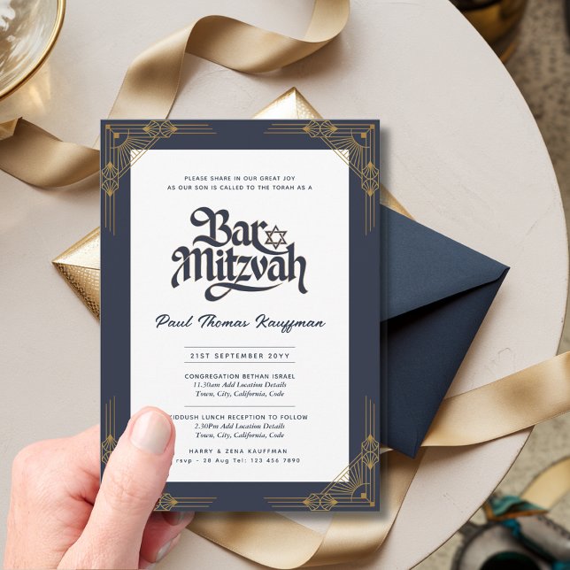 Elegante BAR MITZVAH Quality Navy Gold Moderne Einladung (Von Creator hochgeladen)