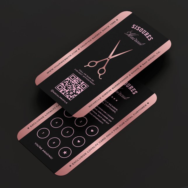 Elegante Barber Black Rosegold Scissors Loyalität Visitenkarte (Elegant Barber Black Rosegold Scissors Loyalty Business Card
)