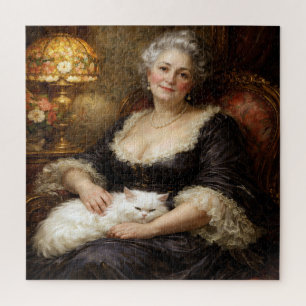 Elegante Barockdame mit weißer Katze posierend Puzzle
