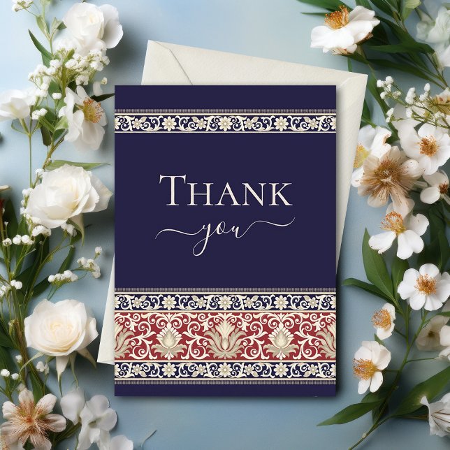 Elegante Barocklace auf blau Dankeskarte (Elegant Thank You card with flourishing baroque lace strips in cream with red accents on blue.)