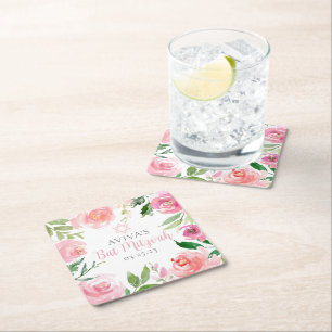 Elegante Bat-Mizwa-Feier personalisierte rosa Blum Rechteckiger Pappuntersetzer
