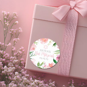 Elegante Bat-Mizwa-Feier personalisierte rosa Blum Runder Aufkleber