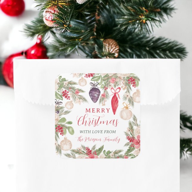 Elegante Bauble Pine Blütenfarbe Weihnachten Quadratischer Aufkleber (Elegant bauble pine floral watercolor Christmas Square Sticker)