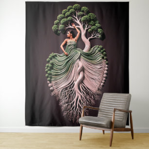 Elegante Baum-Frau-Wandkunst – 3D Naturinspiriert Wandteppich
