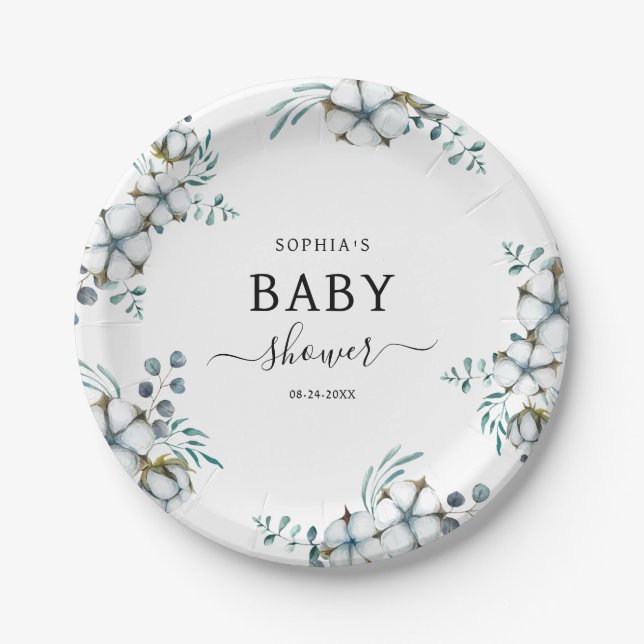 Elegante Baumwolle Blume botanische Babydusche Pappteller (Vorderseite)