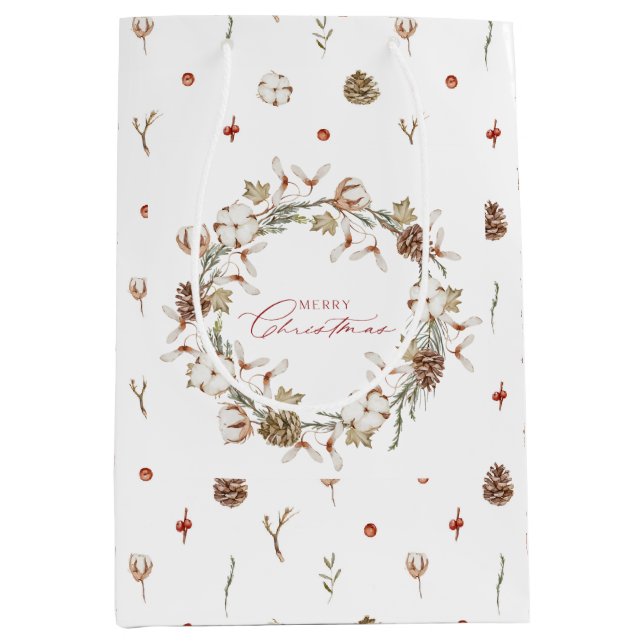 Elegante Baumwolle und Pinecone Weihnachtskranz Mittlere Geschenktüte (Vorderseite)