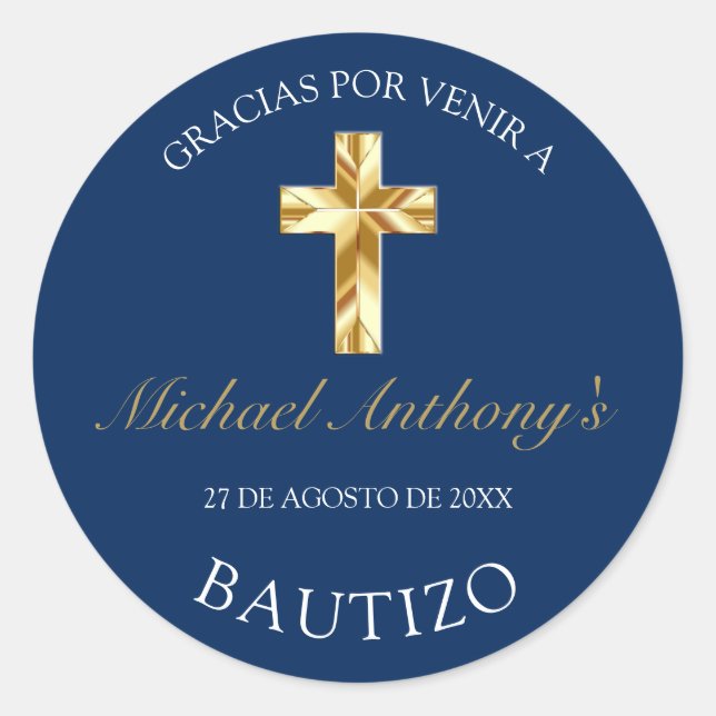 Elegante Bautismo de Bebé Azul Dorado Gracias Runder Aufkleber (Vorderseite)