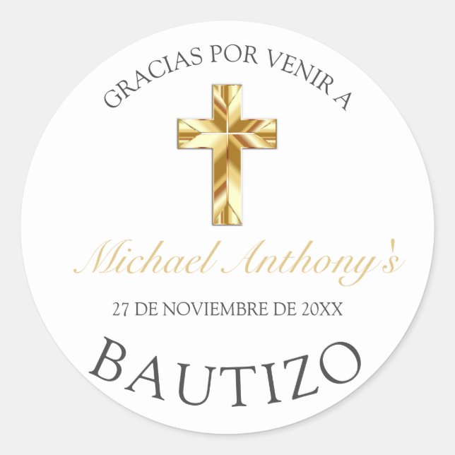 Elegante Bautismo de Bebé Blanco y Dorado Gracias Runder Aufkleber (Vorderseite)