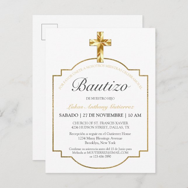 Elegante Bautismo de Niños Con Cruz Dorada Einladungspostkarte (Vorne/Hinten)