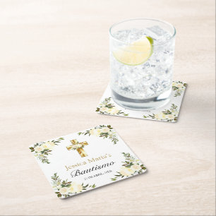 Elegante Bautismo Floral Blanco Rechteckiger Pappuntersetzer