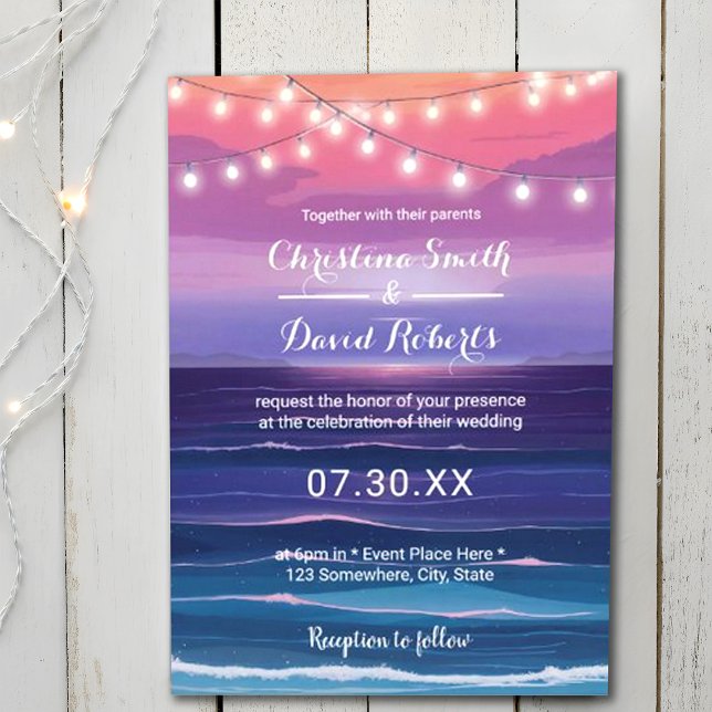 Elegante Beach Tropical Summer Lights Wedding Einladung (Von Creator hochgeladen)
