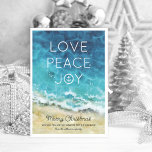Elegante Beach Weihnachtskarte Feiertagskarte<br><div class="desc">Warme,  tropische Weihnachtskarten mit einem schönen Aquarellbild aus goldenem Sand und dem aquablauen Ozean,  den Worten "Liebe,  Ruhe,  Freude",  Ihren Frohen Festtagen und Familiennamen.</div>