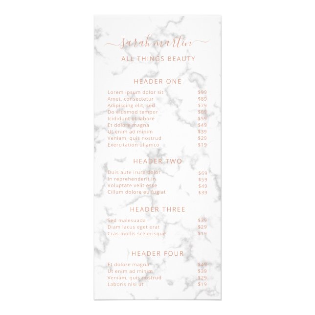 Elegante Beauty Salon Preisliste Rose Goldenes Mar Werbekarte (Vorne)