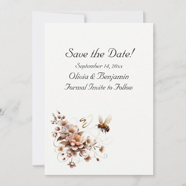 Elegante Bee & Floral Save the Date Card Einladung (Vorderseite)
