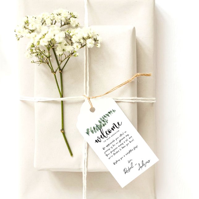 Elegante Begrüßung Eukalyptus Aquarellhochzeit Geschenkanhänger (Von Creator hochgeladen)