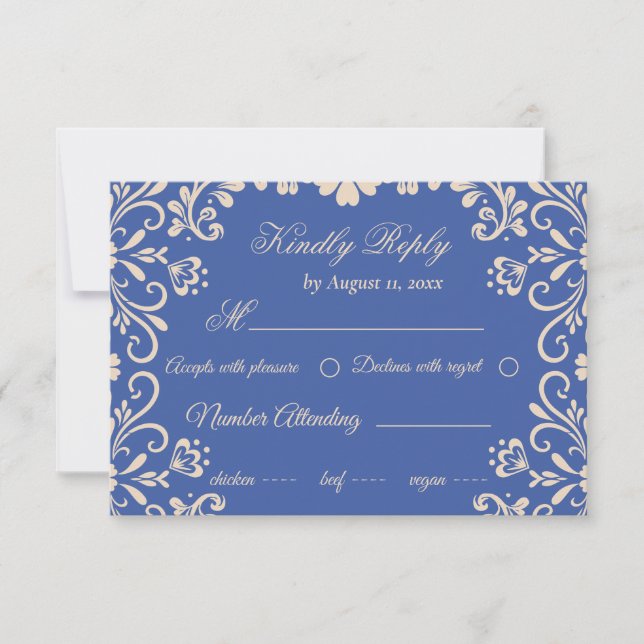 Elegante Beige Blue Wedding RSVP Karte (Vorderseite)