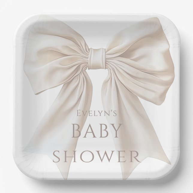 Elegante Beige Bow Gender Neutral Baby Dusche Pappteller (Vorderseite)