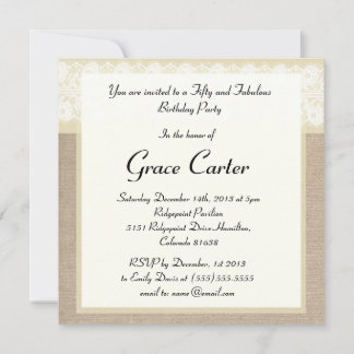 Elegante Beige Burlap Lace Geburtstagseinladung Einladung