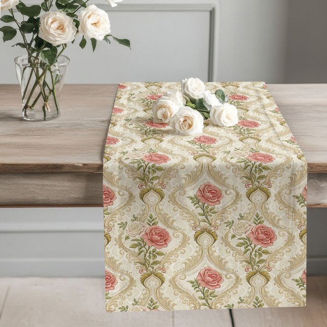 Elegante Beige Damask Blush Rose Viktorianisch Ins Großer Tischläufer (Elegant Beige Damask Blush Roses Victorian Inspire Long Table Runner)