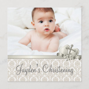 Elegante Beige Damask Boys Foto Christening Einladung